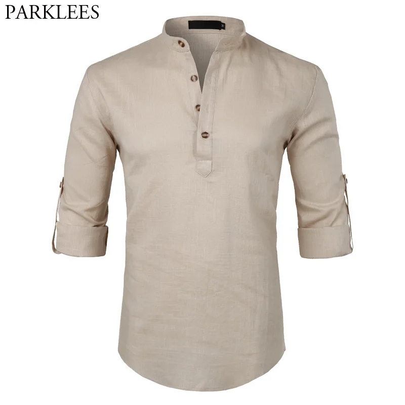 Henley Shirt Mens Casual Cotton Linen 