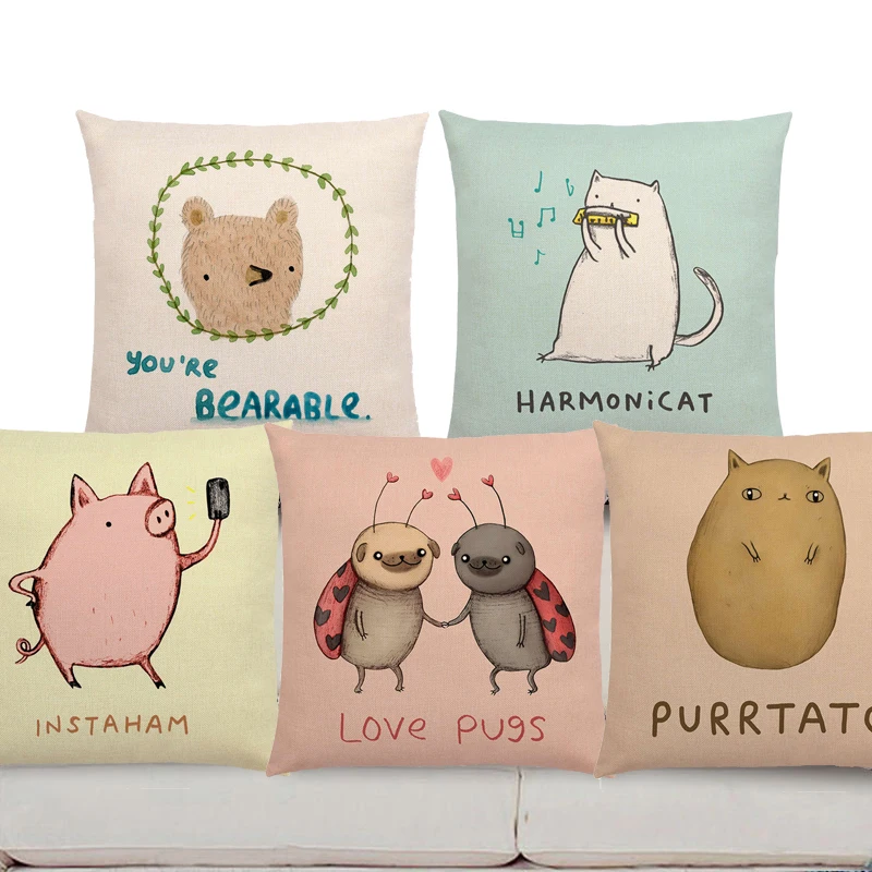 

Hot Sale Cute Cartoon Animals Sofa Throw Pillow Case Interesting Words Happy Letters Funny Nickname Cat Dog Pug Cushion Cover