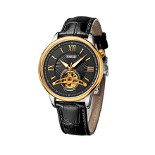 2017 Top Brand Real Sale Skeleton Mechanical Watch White Black Brown Leather Strap Automatic Waterproof Case Mans Clock Watches