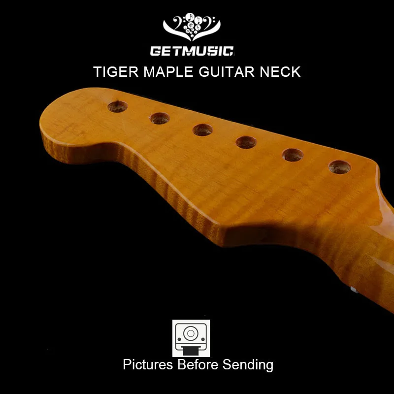 

21 Fret Tiger Flame Maple Yellow Glossy Guitar Neck for ST Electric Guitar Abalone Dots Guitar Neck Replacement Free Shipping