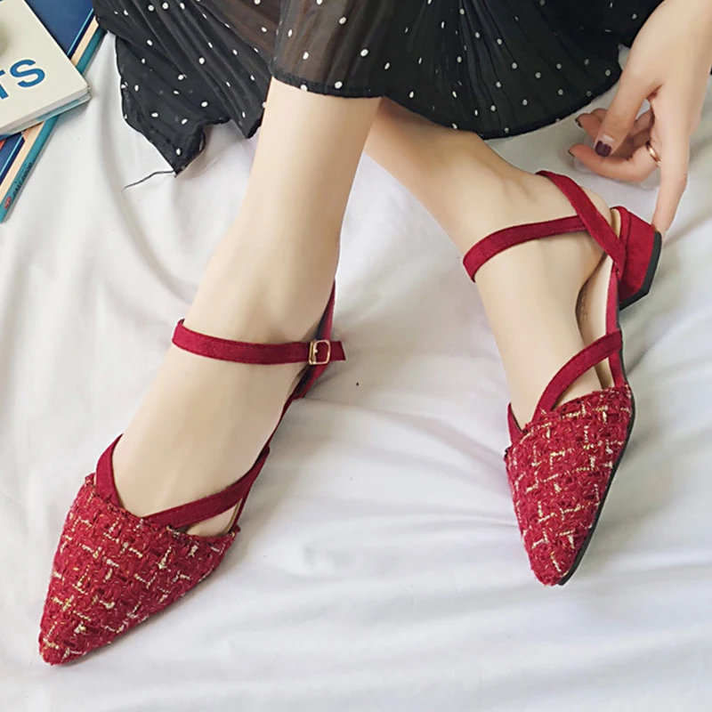 

2019 New Summer Closed Toe Sandals Women Mules Low Heel Strap Elegant Women Sandals Dress Wedding Sandals Red chaussures femme