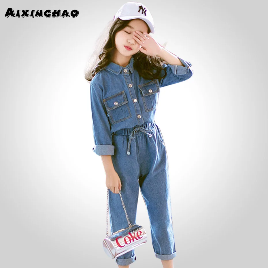 

Girls Clothes Set Solid Denim Blouse + Long Pants 2PCS Girl Set Spring Autumn Kids Clothes 6 8 10 12 13 14 Year