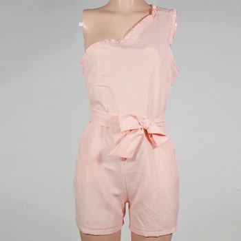 

2017 new sexy Women Casual One Shoulder Sleeveless playsuit solid skew collar bandage bow sexy Playsuit Rompers