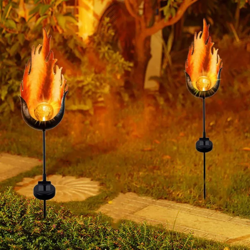 Soalr Flame Light Solar Powered Metal LED Exterior Garden Light Outdoor Flame Effect Feature Lawn Ornament Warm white light