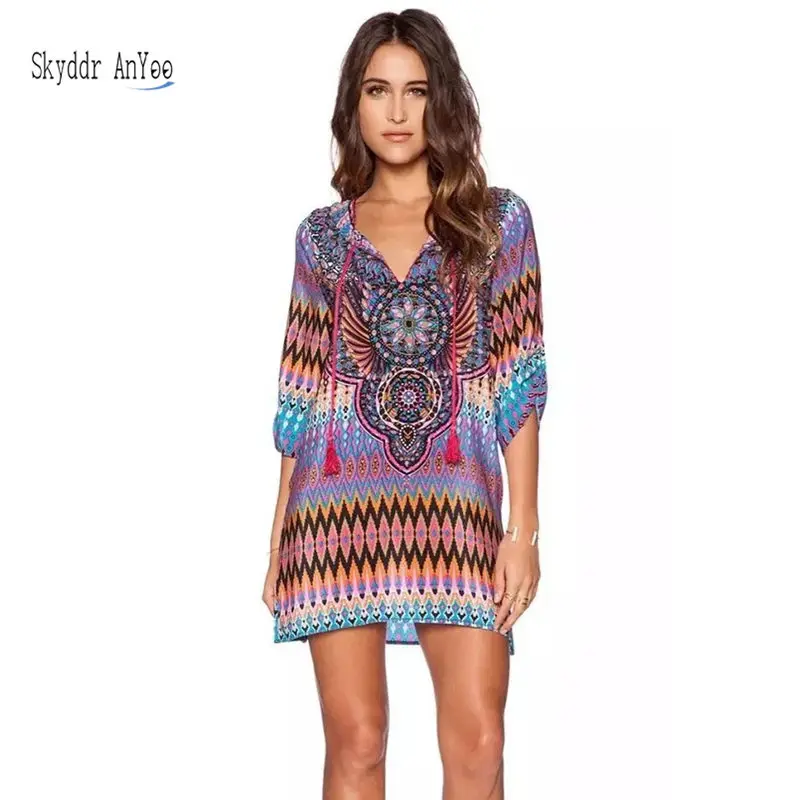 

Summer Bohemia Women Dress Beach Print National Style Elegant Female Mini Dress V-neck Loose Plus Size Lady Cover Up zh015