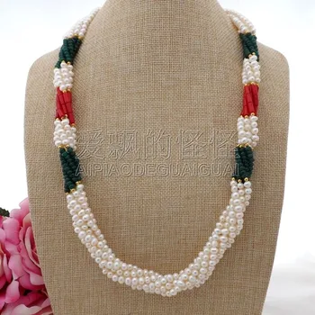 

N101903 27" 6 Strands White Pearl Red Coral Green Necklace