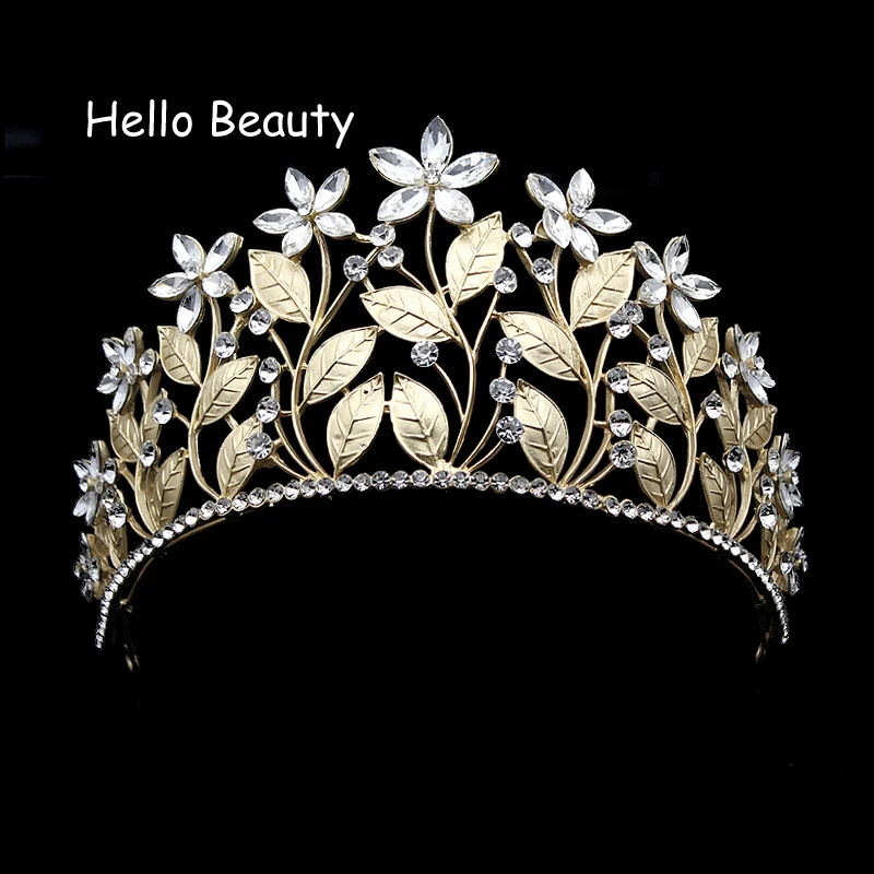 

Gold Color Beautiful Clear Crystal Prom Tiara Flower Leaf Baroque Bridal Princess Bride Crown Wedding Hair Jewelry Accessories