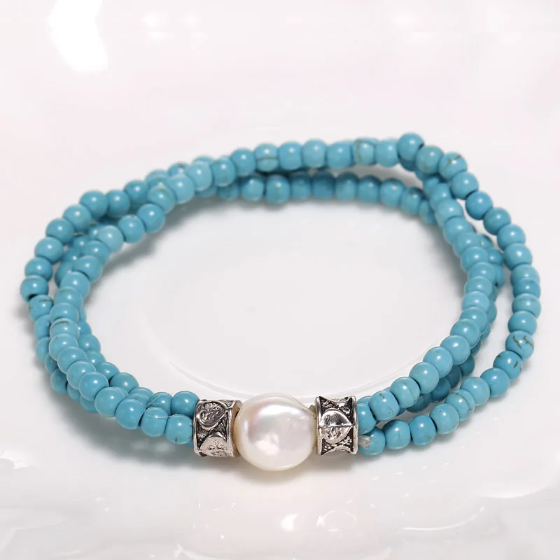 4 mm Turquoise with Baroque Pearls Bracelet, Vintage Style Elasticity Three Strand Bracelet