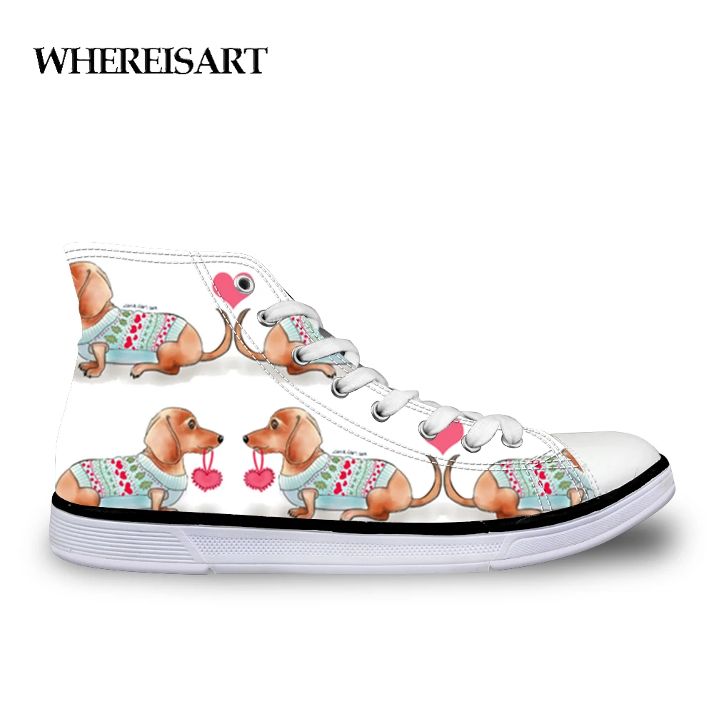 

WHEREISART Dachshund Doxie Dog Printed Women Sneakers Fashion Vulcanized Shoes Casual High Top Canvas Shoes Flat Tenis Feminino