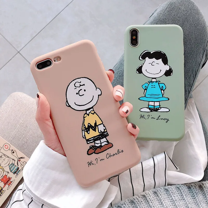 

Kawaii Anime Charlie Brown Cases Silicon Cover For iPhone 7 7Plus 8 6s 6 Plus X XS MAX XR Cartoon Candy Color Couple Cases Coque
