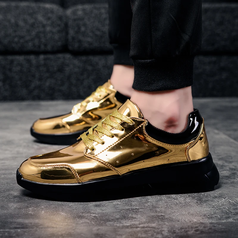 

Ifrich Mens Designer Sneakers Patent Leather Fashion Casual Shoes Silver Gold Luxury Brand Shoes Thick Soled Casual Men Shoes