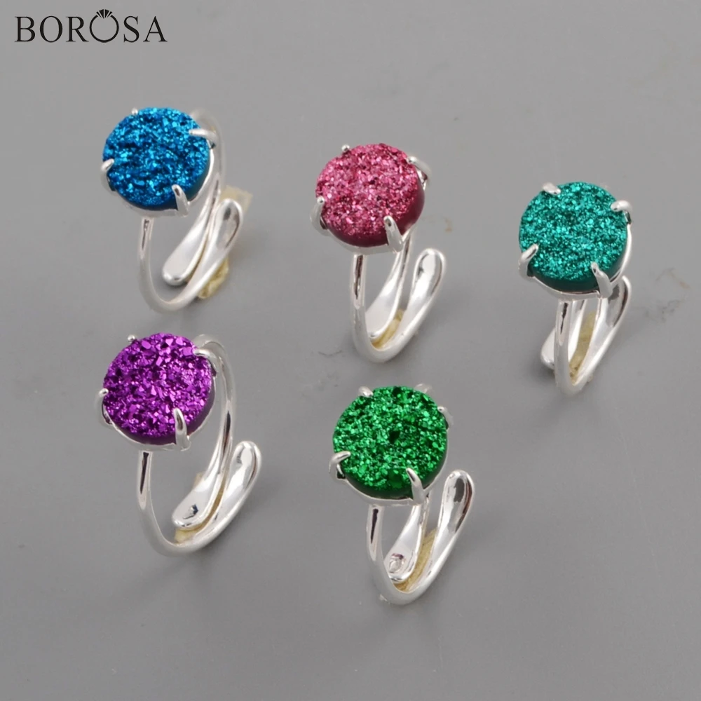 

BOROSA Druzy Rings Silver Plated Claw 10mm Round Natural Agates Druzy Titanium Rainbow Drusy Adjustable Ring for Lady ZS0414