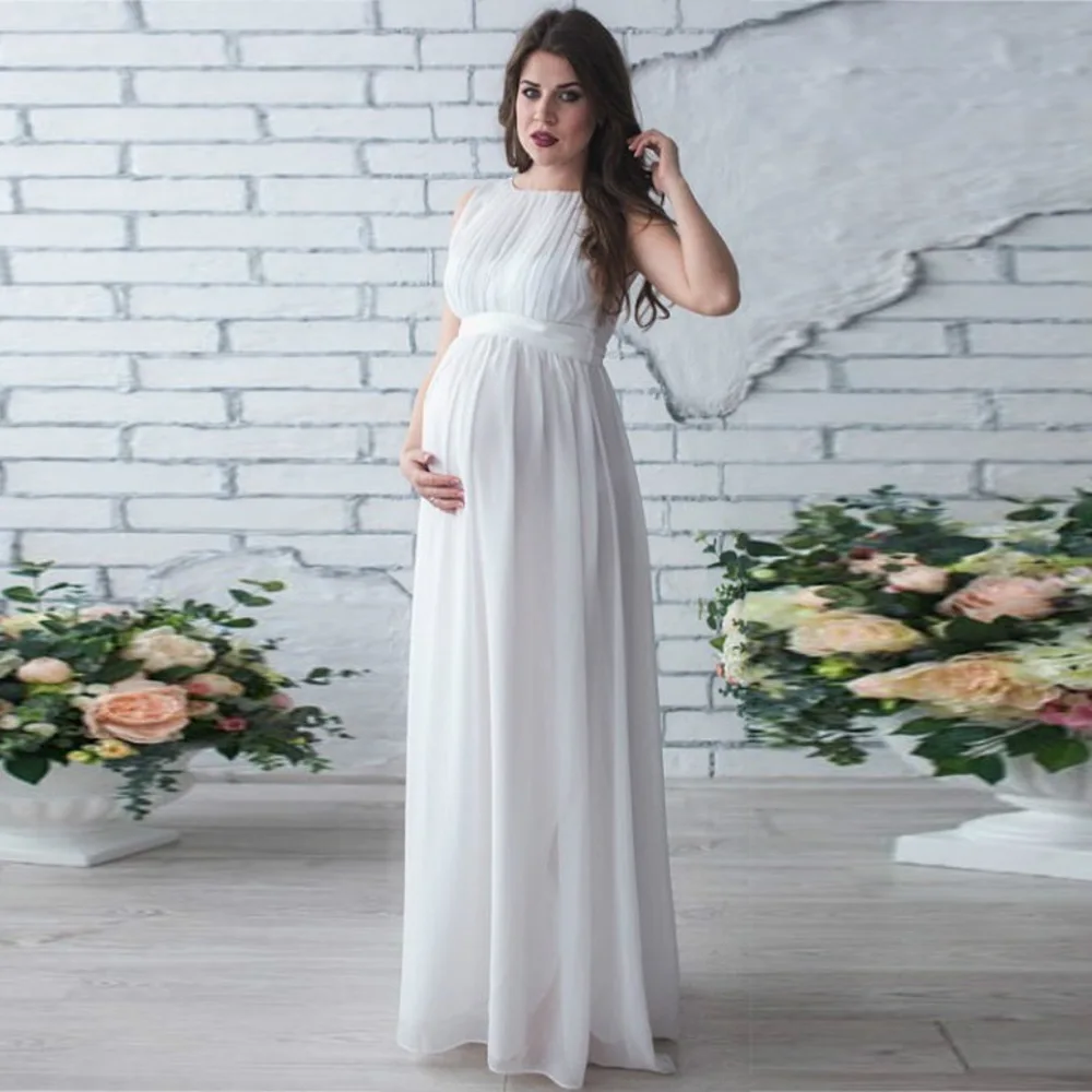 2019 Стильное женское платье без рукавов круглый воротник фото длинное шифоновое