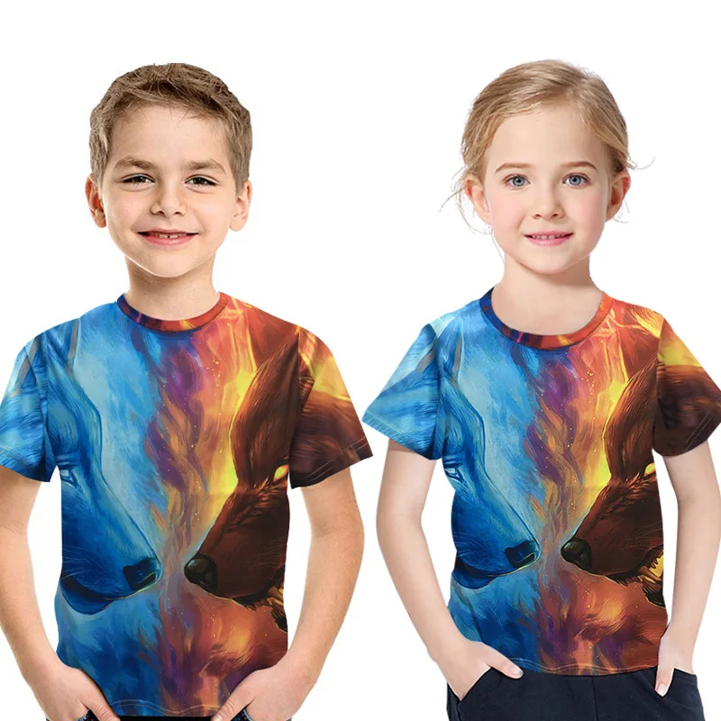 

Fashion Children Animal Print Ice Fire Wolf 3D T-Shirt Boy Girl Top Summer Short Sleeve Round Neck Tshirt 2019 New Kids Clothes