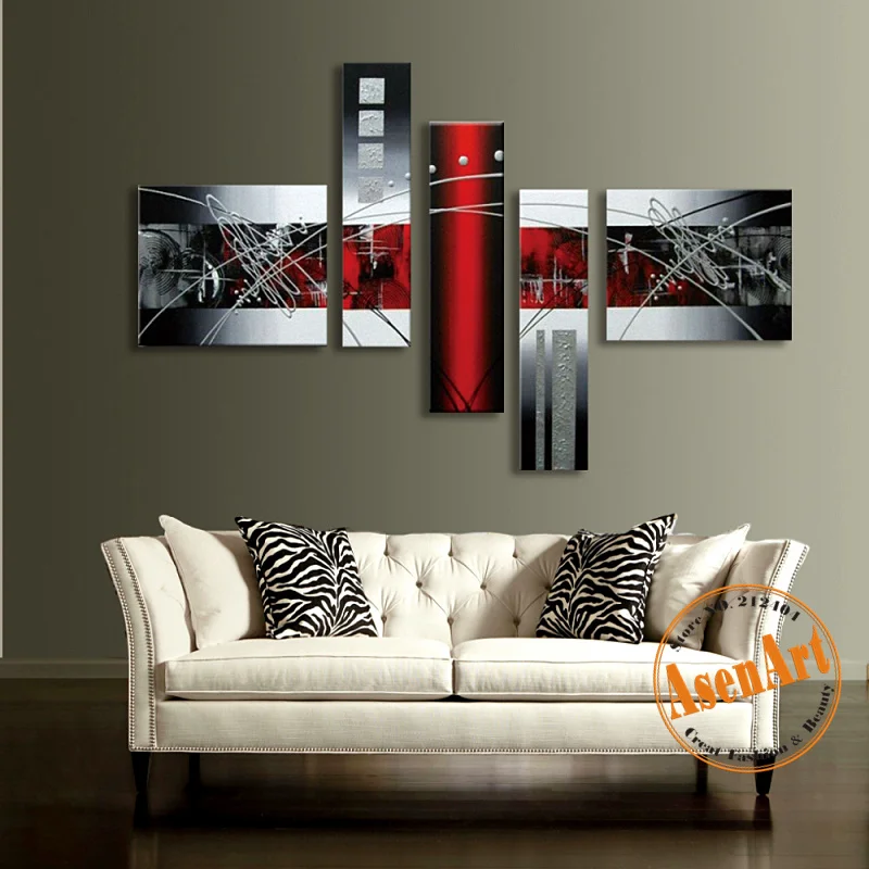 

Modern Art Handmade Abstract Oil Painting Black Red Canvas Oil Painting Unframed 5 Piece Wall Art Picture for Living Room