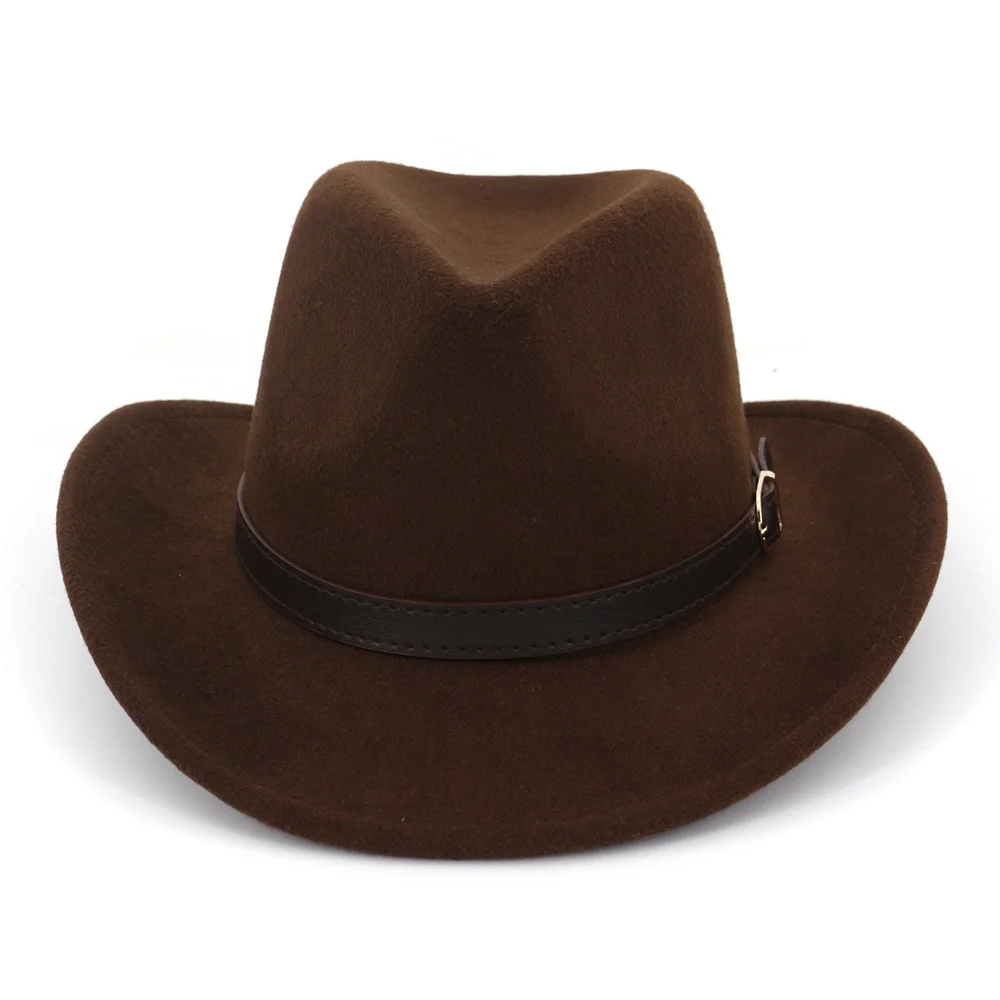 Ковбойская фетровая шляпа с широкими полями в европейском и американском стиле, Панама, джазовая фетровая шляпа с кожаной пряжкой, простая шерстяная шляпа для мужчин и женщин - Цвет: Coffee