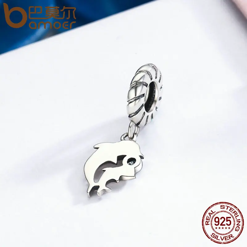 BAMOER Authentic 100% 925 Sterling Silver Dolphins Story with Clear CZ Charms fit Bracelet & Necklaces Women Jewelry SCC264