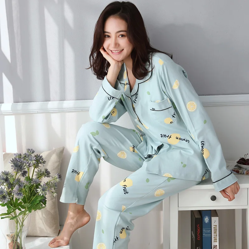 

Women Clothes for Autumn Pajamas Sets Plus Size XXXL Sleepwear Fresh Lemon Printed Long Sleeves Can Be Worn Out Of Home Wear