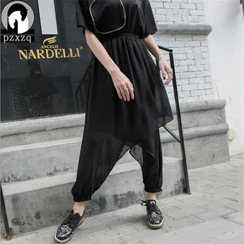 

Casual Womens Harem Pants Skirt With Thin 2018 Fashion High Waist Fashion Black Crack Chiffon Lady Sexy Trousers Pantalon Mujer