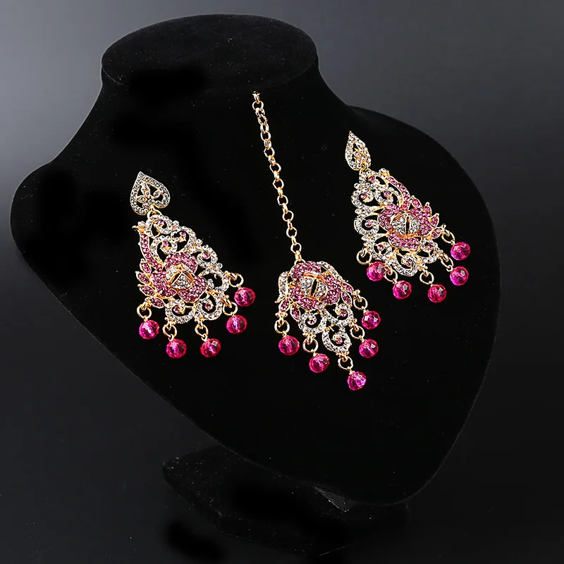 

2018 New Delicate India Jewelry set Ethnic luxury Accessory Earrings Eyebrow Pendant 2 Piece Set 4 colors