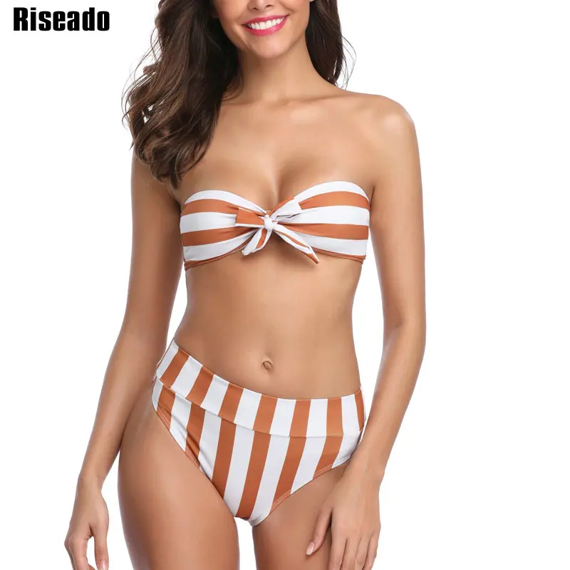

Riseado 2019 New Bikini Set Bow Swimsuit Printing Swimwear Women Bandeau Bikini Bathing Suits Summer Beach Wear Open-back