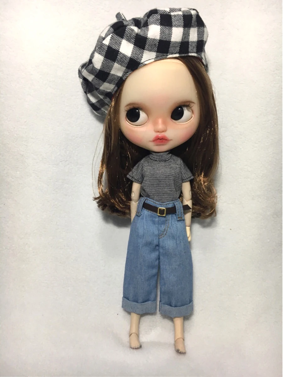 

Fashion Blyth Dolls clothing Stripe T-shirt Denim Loose Pants with belt blue wide leg pants clothes for blyth, Azone S , OB24