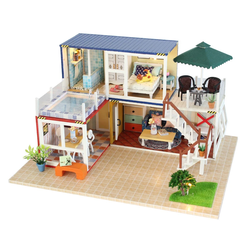 

Creative DollHouse Container Home Building Model Miniature With Furnitures 3D Wooden Doll House Toys Gift YOUR NAME 13842B #E