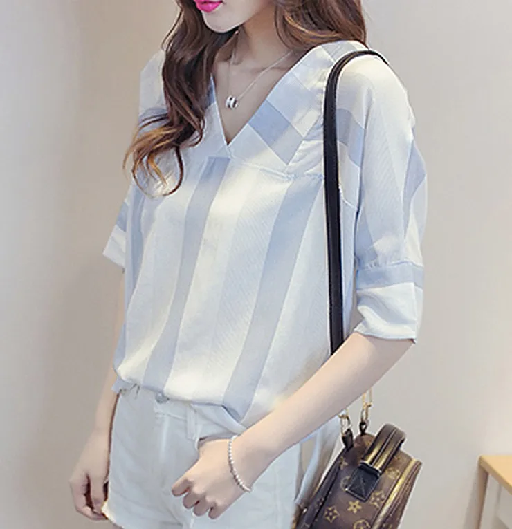 New Striped Blouses Women Shirts Ladies 2018 Summer Half Sleeve Womens Tops And Blouses V-neck Cotton Linen Blusas Femininas  (7)