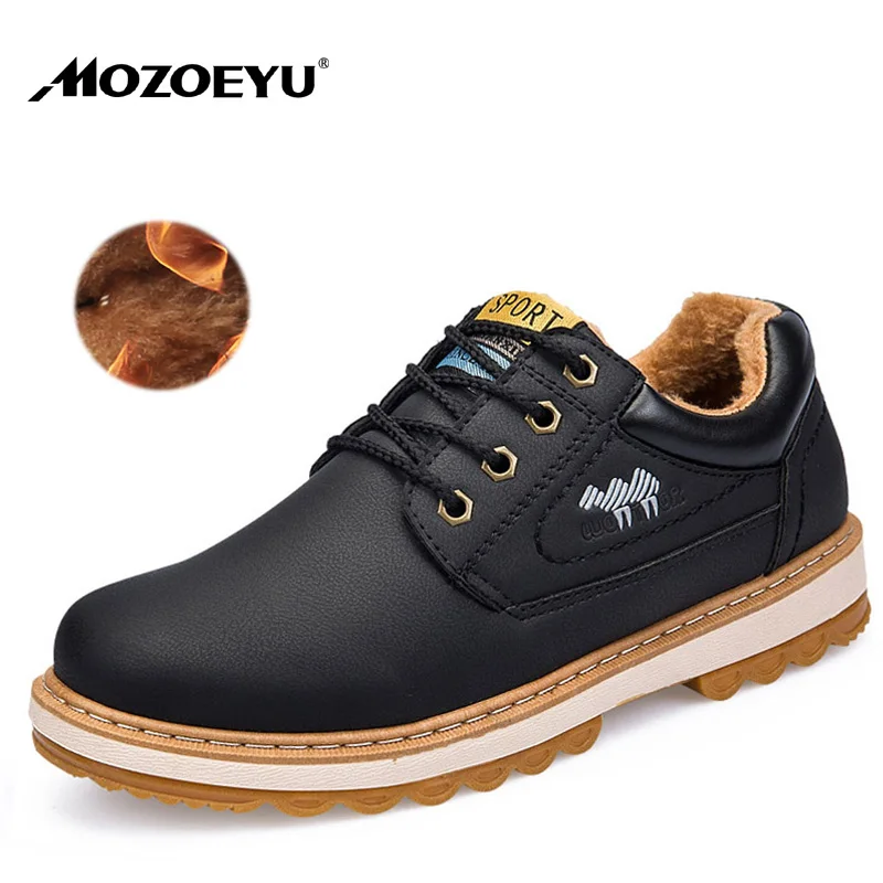 

MOZOEYU New Short Plush Men's Casual Leather Shoes Men Winter Waterproof Solid Lace-up Shoes Man Fashion warm Men Leather Shoe