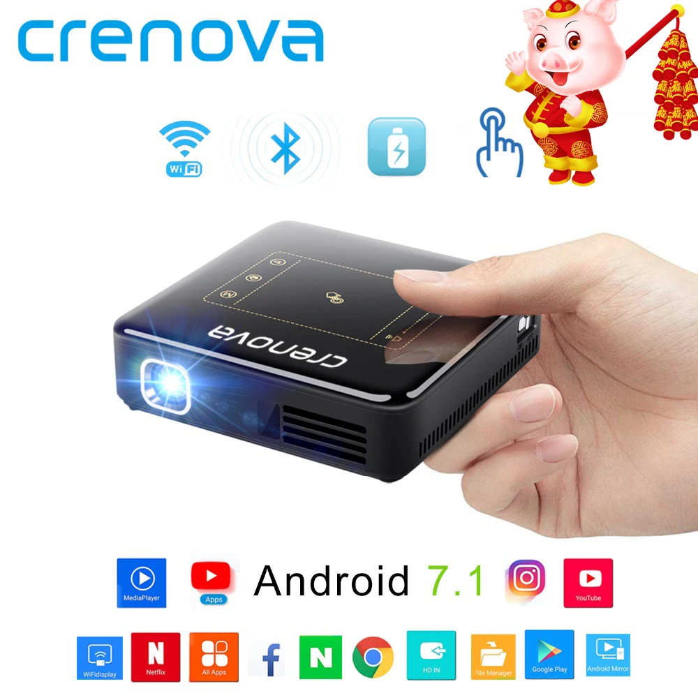 

CRENOVA DLP Mini Projector With Android 7.1.2 OS WIFI Bluetooth Portable Projector For Full HD 1080P Home Theater Movie Beamer
