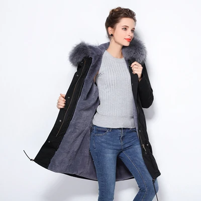 Furlove новое женское зимнее пальто большой воротник из натурального меха енота с капюшоном длинная куртка съемная подкладка из искусственного меха зимняя парка - Цвет: color 1
