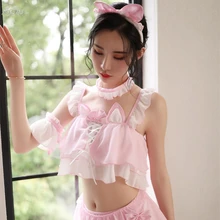 AOMU Sexy Maid Uniform Temptation Cat Sexy Dress Erotic Clothes Japanese Lingerie Uniform Erotic Lace Lingerie Black Pink Style