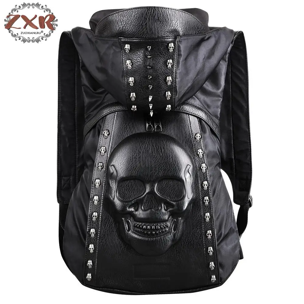 

New Fashion Personality 3d Skull Leather Backpack Rivets Skull Backpack With Hood Cap Bag Cross Black Bags Hiphop Man Backpacks