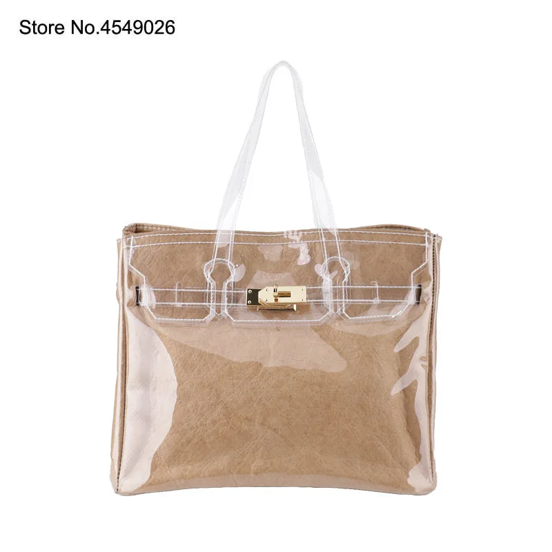 

2019 White Color Large Capacity PVC Transparent Adjustable Strap Lock Decoration Kraft Paper Messenger Bag Handbags Beach Bag