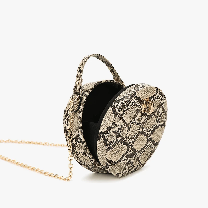 النساء حقائب الرجعية اعوج سلسلة حقيبة مستديرة المطبوعة صغيرة بو الأفعى جلدية الكتف Crossbody أكياس الإناث حقيبة ساعي 431