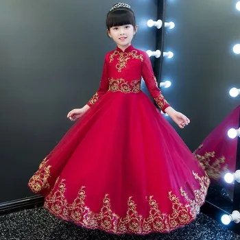 

New Chinese Traditional Style Children Girls Embroidery Lace Long Sleeves Dress Kids Birthday Wedding Evening New Year Dress