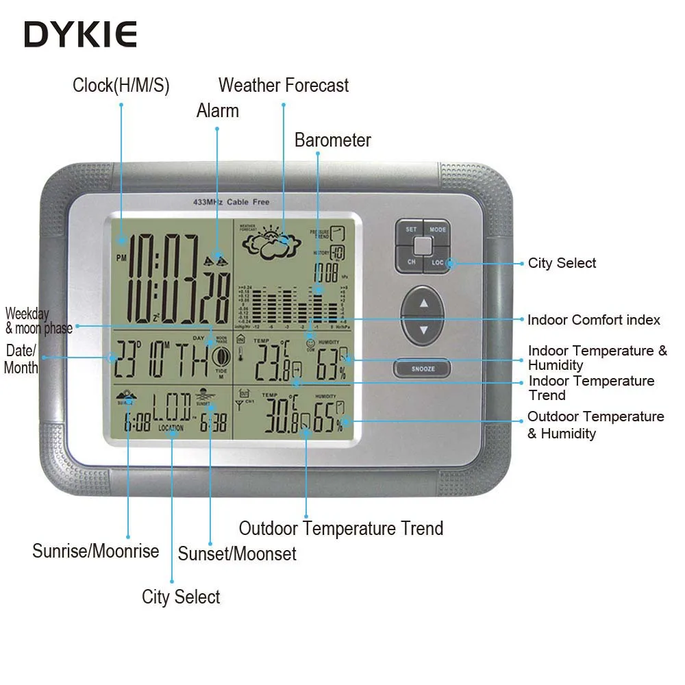 Free Shipping Dykie Digital Wireless Weather Station With Alarm