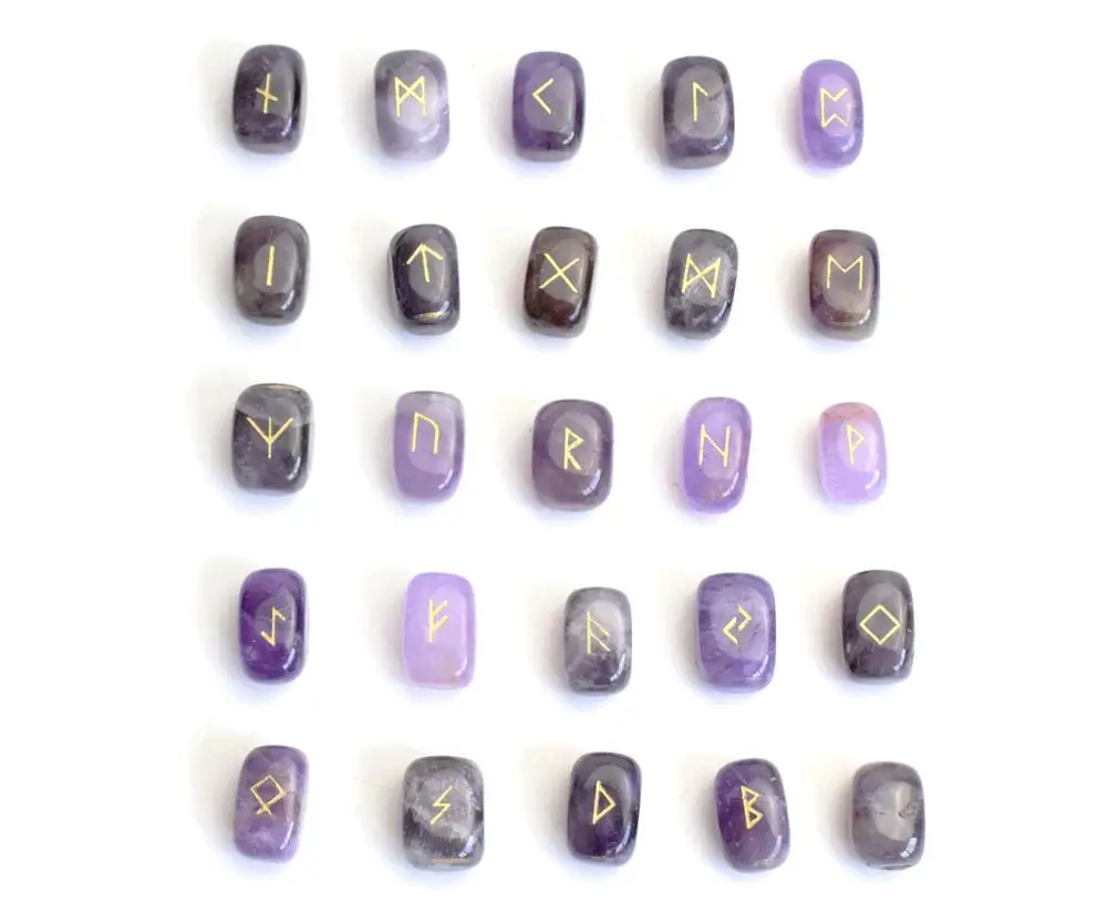 

0.6 x 0.4 INCHES Natural Small Size Amethyst Rune Stone Engraved Pagan Lettering Wiccan Set with a Free Velvet Pouch