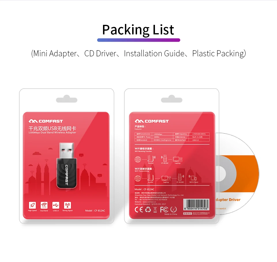 Comfast High Speed USB 3 0 Wireless Wifi Adapter Dual Band 2 4 5 GHz 1300 2