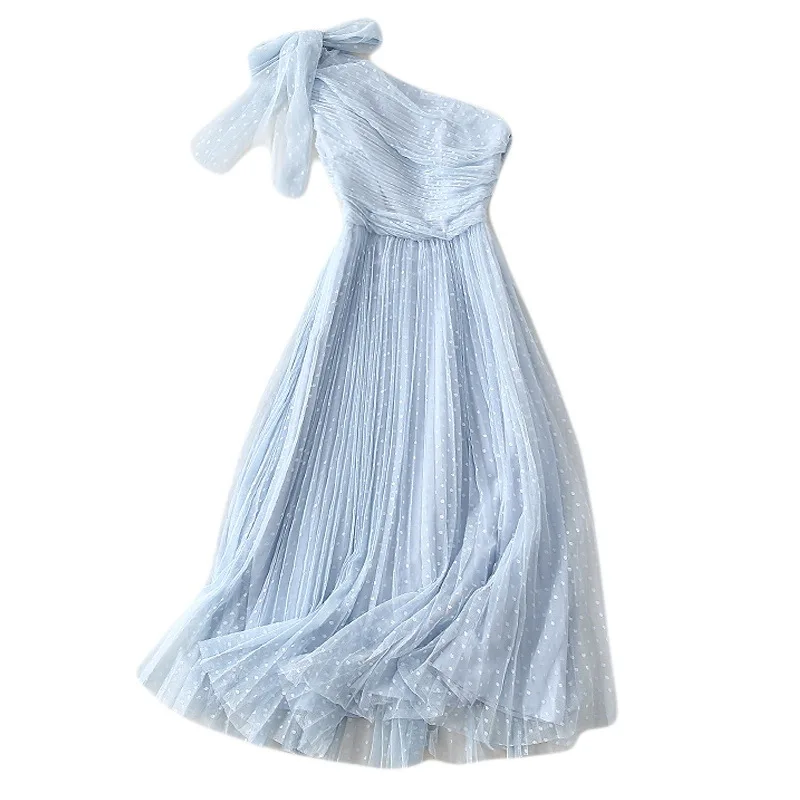 

2019 Summer Fairyism Sweet Elegant Party Evening Formal Dress Solid Mesh Dot Print Bow One Shoulder Backless Women Midi 3 Colors