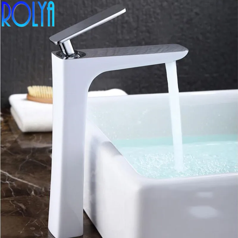 

ROLYA New Design White&Chrome Basin faucet Deck Mounted Wash Bathroom Mixer Tap