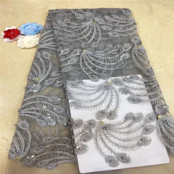 

French Glittery African Lace Fabric High Quality stones beads Lace Nigerian Lace Fabric grey High Quality Lace With Sequins red