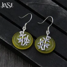 Vintage Natural Stone Jewelry Simple Beautiful 17mm Round Yellow Jades Beaded Bamboo S925 Silver Pendant Drop Earrings for Women