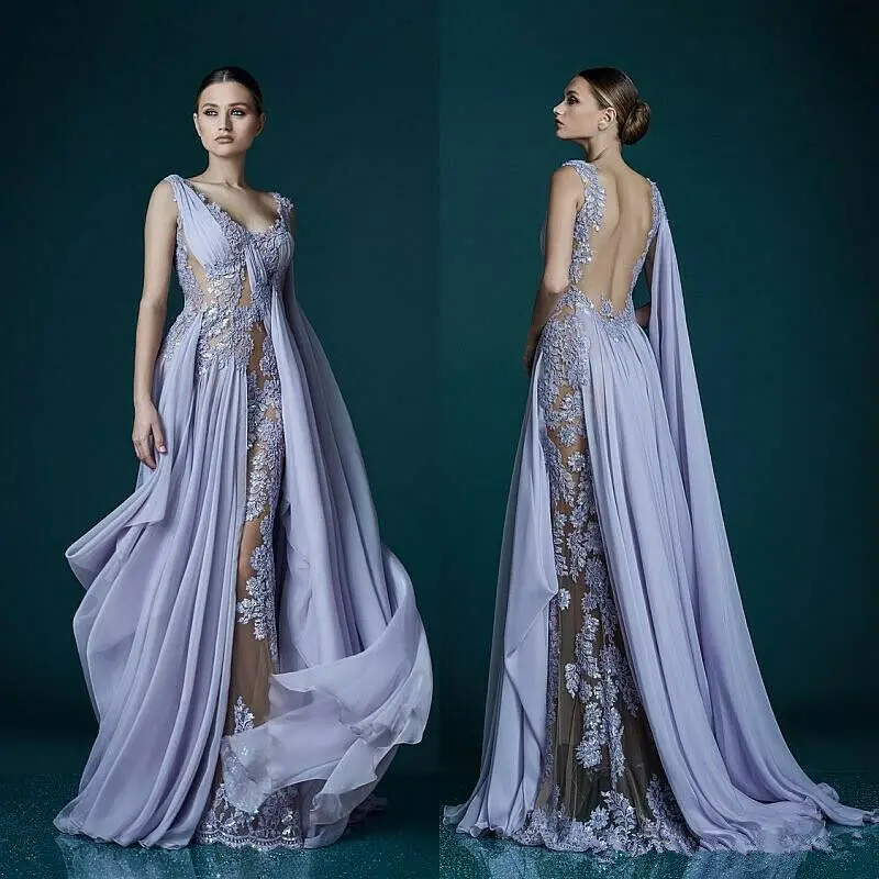 

Deep V-neck Lavender Evening Dresses With Wrap Appliques Sheer Backless Prom