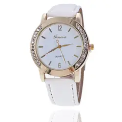 Мода 2018 г. Женева брендовые кожаные женские наручные часы Кристалл платье кварцевые наручные часы Relogio Feminino Montre Femme