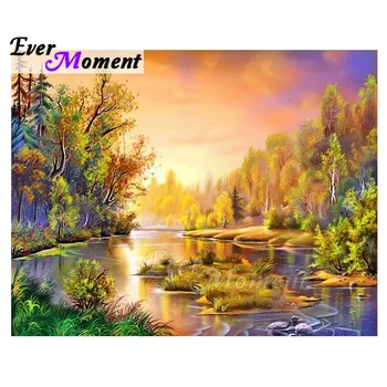 

Ever Moment Diamond Painting Landscape River Trees Handmade Picture Of Rhinestone Mosaic Full Square Diamond Embroidery S2F2263