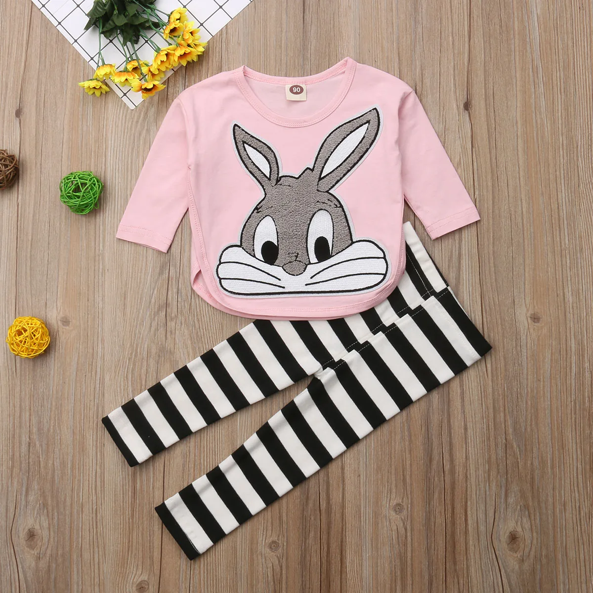 Новинка года; сезон осень; Милые комплекты одежды для маленьких девочек пуловер с длинными рукавами и рисунком кролика розовый топ+ штаны в полоску