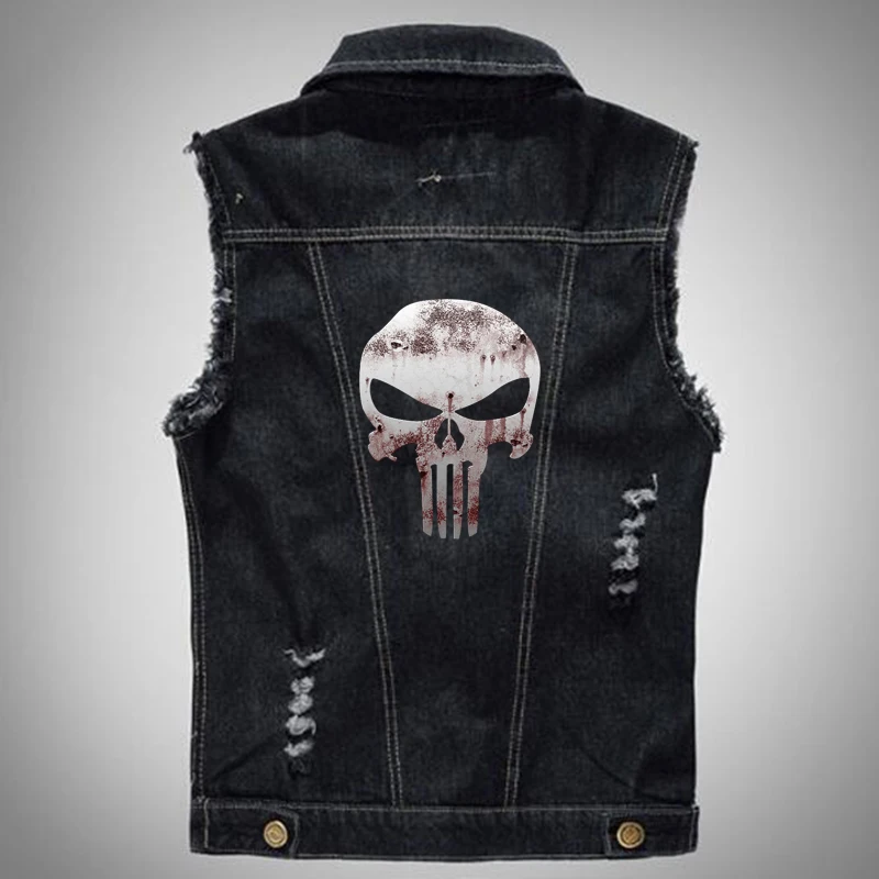

Digital Camou Vintage Pattern The Punisher Male Denim Vest Men Sleeve Jeans Jacket Plus Size 5XL 6XL
