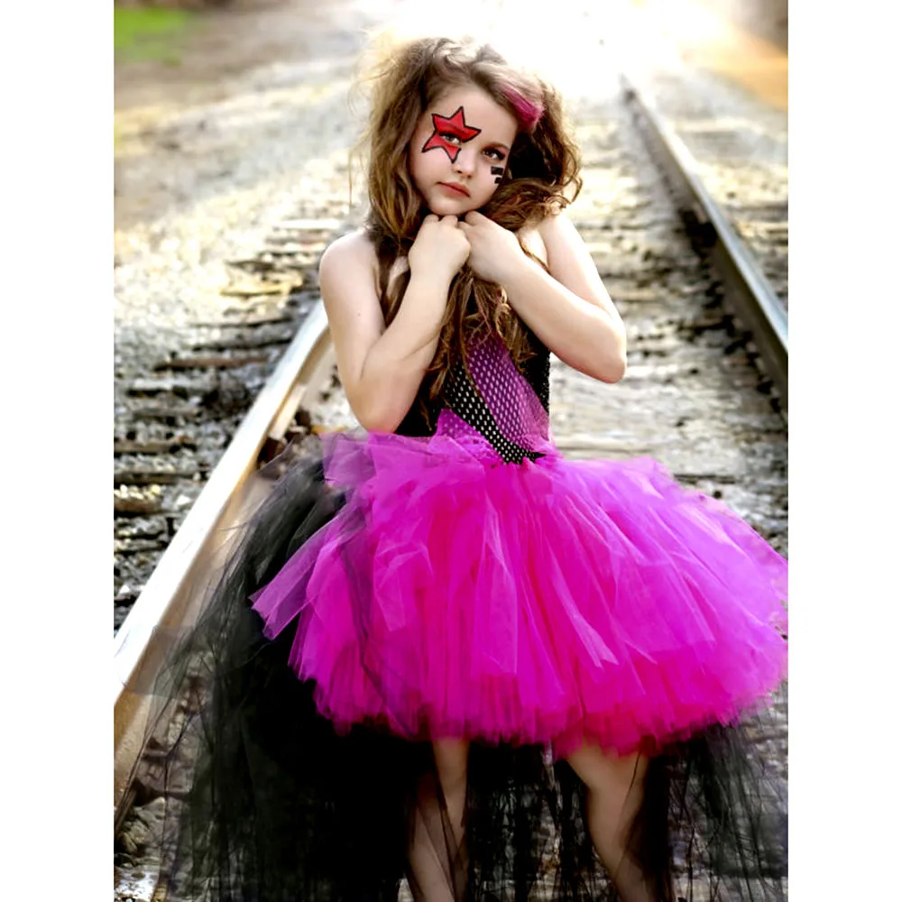Ярко-розовое платье-пачка в стиле рок-звезды для девочек; Детские страшные платья-пачки для костюмированной вечеринки; детская одежда на Хэллоуин