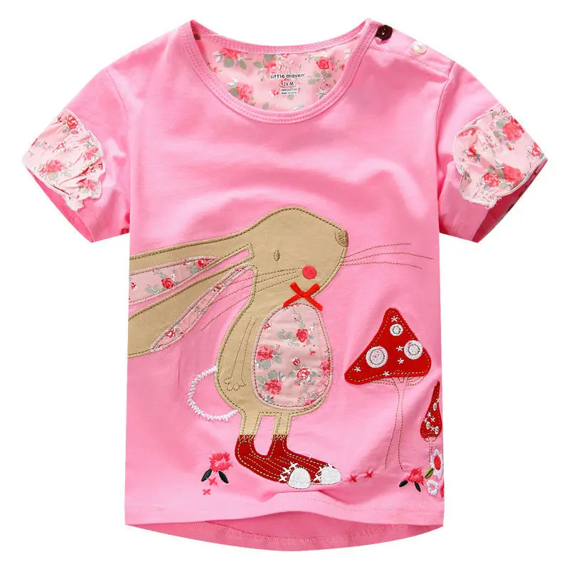 Летняя футболка для девочек и мальчиков от 1 до 6 лет розовый хлопковый топ с короткими рукавами с кроликом для девочек - Цвет: Розовый